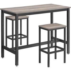 VASAGLE Set masa bar cu 2 scaune, cadru metalic, stil industrial, 120x60x90 cm, gri stejar