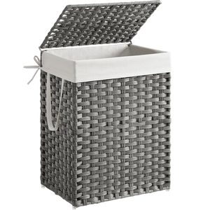 SONGMICS Cos rufe cu capac, ratan sintetic si sac detasabil, 90 L, 46x33x60 cm, gri