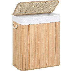 SONGMICS Cos de rufe din bambus cu capac, sac detasabil, volum 100L, 52x32x61 cm, maro