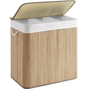 SONGMICS Cos de rufe din bambus, pliabil, cu captuseala detasabila lavabila, 3 compartimente, 150L, 60x40x60cm, natural