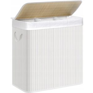 SONGMICS Cos de rufe din bambus, pliabil, cu captuseala detasabila lavabila, 3 compartimente, 150L, 60x40x62cm, alb
