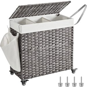 SONGMICS Cos de rufe tesut manual, cu captuseala detasabila lavabila, 3 compartimente, stil ratan, 140 litri, 66x33x60 cm, gri