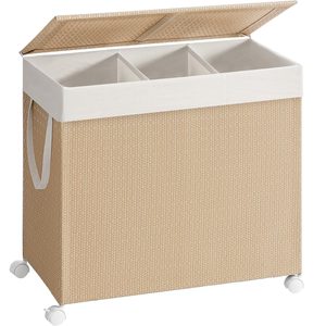 SONGMICS Cos rufe din tesatura tip ratan, 140L cu 3 compartimente si roti, 66x38x65 cm, bej natur