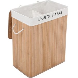 SONGMICS Cos de rufe din bambus cu capac, 2 compartimente, sac detasabil, volum 100L, 52x32x62cm, maro