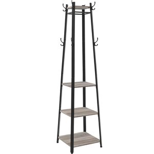 VASAGLE Cuier cu 8 carlige duble, 4 rafturi si bara pentru umerase, cadru metalic, stil industrial, 43x43x180 cm, gri si negru
