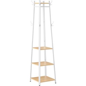 VASAGLE Cuier cu 8 carlige duble, 4 rafturi si bara pentru umerase, cadru metalic, stil industrial, 43x43x180 cm, stejar si alb