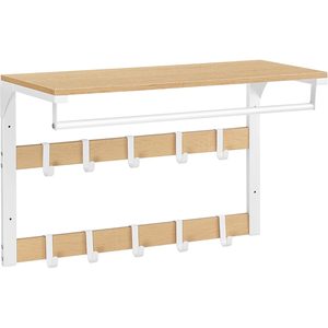VASAGLE Raft de perete tip cuier, 10 carlige detasabile, sina pentru haine, 30x65x42cm, stejar si alb