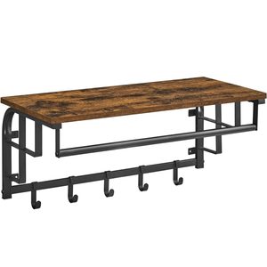 VASAGLE Cuier de perete cu raft de depozitare, 5 carlige detasabile, 30x66x27cm, maro rustic si negru