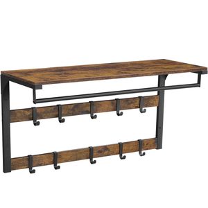 VASAGLE Cuier de perete cu raft de depozitare, 10 carlige, 30x80x42 cm, maro rustic