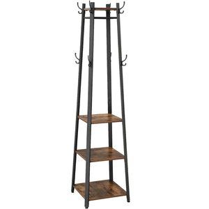 VASAGLE Cuier de haine cu 3 rafturi, suport cu carlige, din otel, 43x43x180 cm, stil industrial, maro rustic si negru