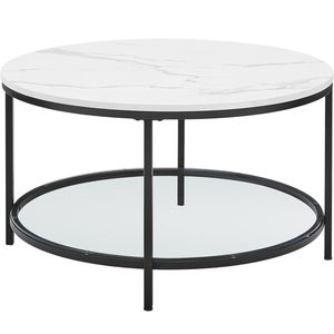 VASAGLE Masa de cafea rotunda cu blat din imitatie de marmura, polita suplimentara din sticla, 80x45cm, alb si negru