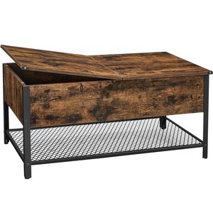 VASAGLE Masuta de cafea cu capac rabatabil, compartiment depozitare ascuns si raft plasa, industrial, 100x55x47cm, maro rustic si negru