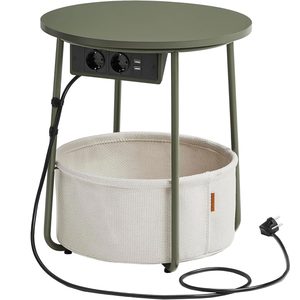 VASAGLE Masuta de cafea rotunda cu cos de stofa, statie de incarcare 2 prize si 2 USB, 45x50cm, verde crem