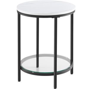 VASAGLE Masa rotunda, cu cadru de otel, noptiera, 45x55cm, negru cu blat alb aspect marmura