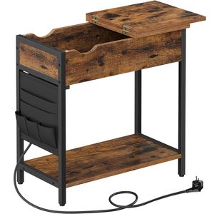 VASAGLE Masa laterala pliabila, tip noptiera, cu prize si porturi USB, raft si geanta din textil, 60x32x60 cm, maro rustic
