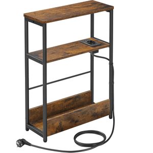 VASAGLE Masuta ingusta cu priza si porturi de incarcare USB, 3 rafturi, 45x18x58 cm, maro rustic