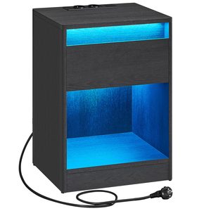 VASAGLE Noptiera cu iluminare LED reglabila, prize si porturi USB, sertar si raft, MDF si PAL, 40x35x55 cm, negru