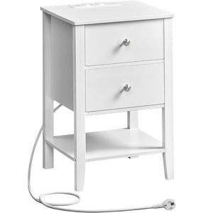 VASAGLE Noptiera din bambus, cu 2 sertare, 2 prize si 2 USB, 35x40x60 cm, alb
