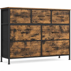 SONGMICS Comoda cu 7 sertare, cadru metalic si blat MDF, sertare textile, 99x30x74 cm, maro rustic
