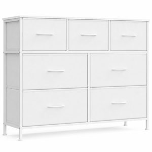 SONGMICS Comoda cu 7 sertare, cadru metalic si blat MDF, sertare textile, 99x30x74 cm, alb