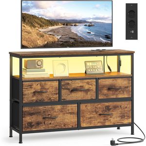 SONGMICS Comoda cu iluminare LED, statie incarcare cu prize si USB, 5 sertare si raft deschis, stil industrial, 99x30x68 cm, maro rustic