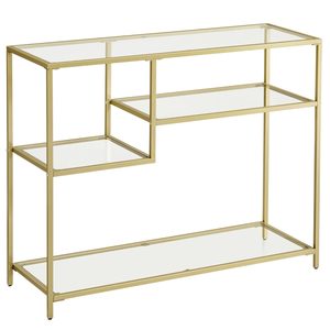 VASAGLE Masa de intrare, cu rafturi asimetrice, blat din sticla securizata, cadru metalic, 35x100x80cm, auriu