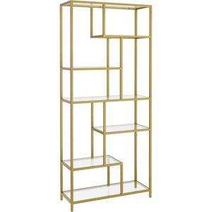 VASAGLE Biblioteca cu 6 polite din sticla securizata si cadru din otel, 80x30x180 cm, auriu