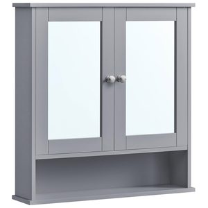 VASAGLE Dulap de baie de perete cu oglinda, 2 usi, compartiment deschis, rafturi reglabile, 13x56x58cm, gri