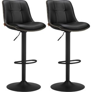 VASAGLE Set 2 scaune bar reglabile pe inaltime, rotative 360°, cu spatar si suport pentru picioare, tapiterie PU, 44x38x(90-112) cm, negru