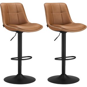 VASAGLE Set 2 scaune bar reglabile pe inaltime, rotative 360°, cu spatar si suport pentru picioare, tapiterie PU, 44x38x(90-112) cm, maro caramel