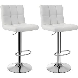 SONGMICS Set 2 scaune bar reglabile pe inaltime, cu spatar, sezut PU si suport picioare, rotatie 360°, 38x45x115 cm, alb