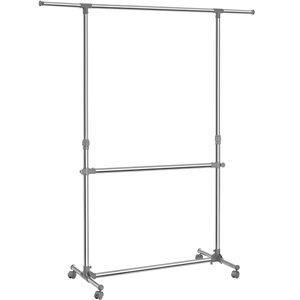 SONGMICS Suport pentru haine cu sina superioara extensibila, pe roti, reglabil in inaltime 113-198cm, argintiu