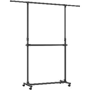 SONGMICS Suport haine cu doua bare, roti blocabile, inaltime reglabila, cadru metalic, 101x49x113-180 cm, negru