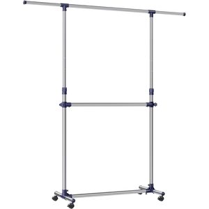 SONGMICS Suport pentru haine cu sina superioara extensibila 101-165 cm, pe roti, reglabil in inaltime 113-180 cm, argintiu