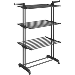 SONGMICS Uscator rufe pliabil cu roti, cu 4 niveluri, din inox si plastic, 2 umerase, 128x64x173 cm, negru
