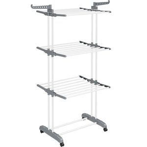 SONGMICS Uscator de rufe pliabil 4 niveluri, cu aripi laterale si roti, otel inoxidabil, 126x64x172 cm, alb