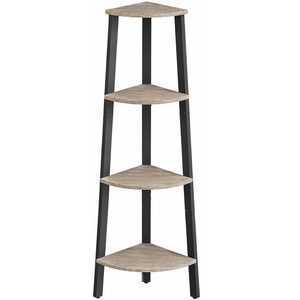VASAGLE Raft de colt cu 4 etaje, tip biblioteca, cadru metal si polite lemn, 34x34x125 cm, gri stejar si negru