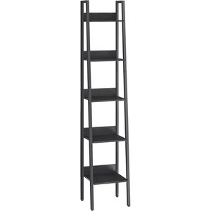 VASAGLE Biblioteca tip scara cu 5 rafturi, design industrial, cadru metalic si rafturi din PAL, 34x30x170 cm, negru