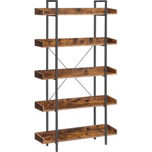VASAGLE Biblioteca cu 5 rafturi tip tava cu margini de protectie, structura metalica, stil industrial, 100x28x178 cm, maro rustic