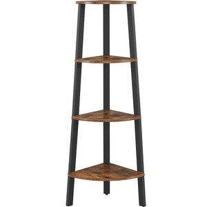 VASAGLE Raft de colt cu 4 etaje, tip biblioteca, cadru metal si polite lemn, industrial, 34x34x125cm, maro rustic
