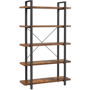 VASAGLE Biblioteca cu 5 rafturi, cadru din otel si rafturi din PAL, 105x34x178cm, maro rustic si negru