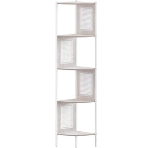 VASAGLE Raft de colt boho, cadru metalic, polite MDF si panouri poliratan, 32x32x156cm, alb