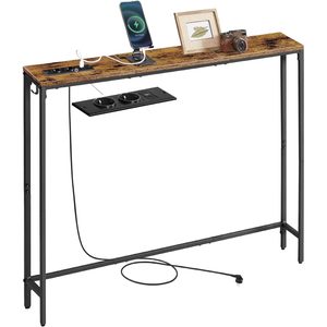 VASAGLE Masa tip consola ingusta cu statie de incarcare, prize si porturi USB, cadru metalic, 100x15x80 cm, maro rustic