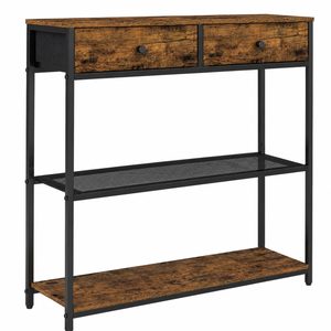 VASAGLE Masa tip consola ingusta cu 2 sertare textile si 3 niveluri, cadru metalic, stil industrial, 76x24x80 cm, maro rustic