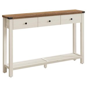 VASAGLE Masa tip consola cu 3 sertare si raft inferior, MDF si lemn masiv cu aspect hambar, 120x24x76 cm, alb rustic si maro