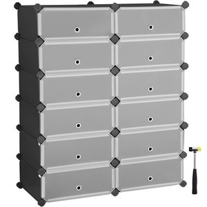 SONGMICS Etajera pantofi 83x31x105 cm, 12 compartimente modulare cu usi rabatabile, negru si alb