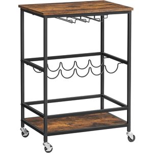 VASAGLE Carucior de servire pe roti, cu suport pentru sticle si pahare de vin, 40x60x82cm, Industrial, Vintage Maro/Negru