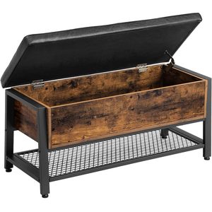 VASAGLE Pantofar de lemn cu spatiu de depozitare tip banca, cu sezut captusit si polita depozitare, stil industrial, 100x40x47cm, maro rustic si negru