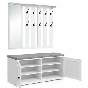 VASAGLE Cuier hol cu pantofar si oglinda, piese separate, 10 carlige duble, banca cu sezut captusit, PAL, 101x40 cm, alb
