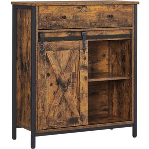 VASAGLE Comoda pentru living sau bucatarie, cu 2 sertare si usa glisanta, rafturi reglabile, stil rustic, 30x70x80cm, maro si negru